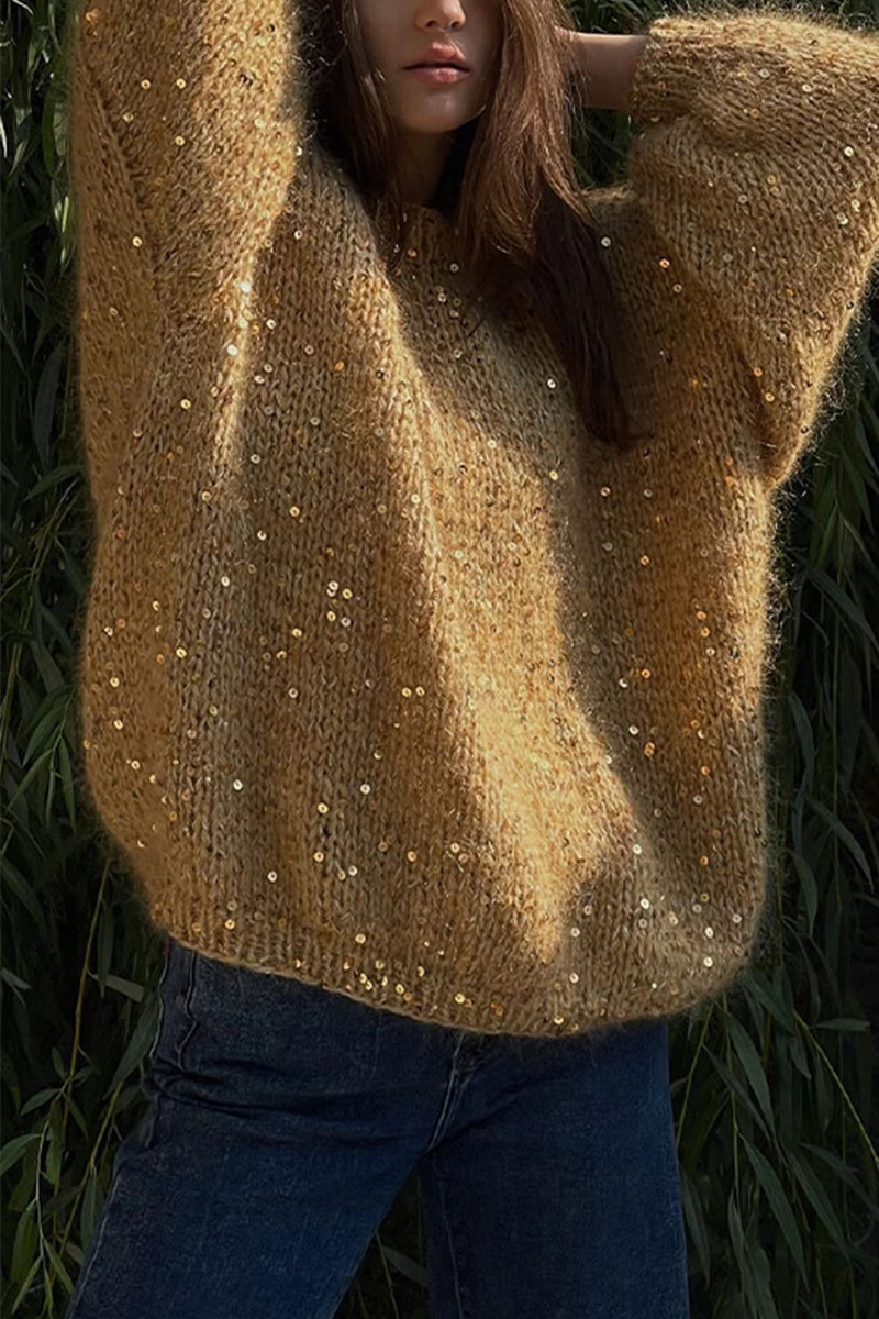 Casual Solid Color Sequins O Neck Sweaters