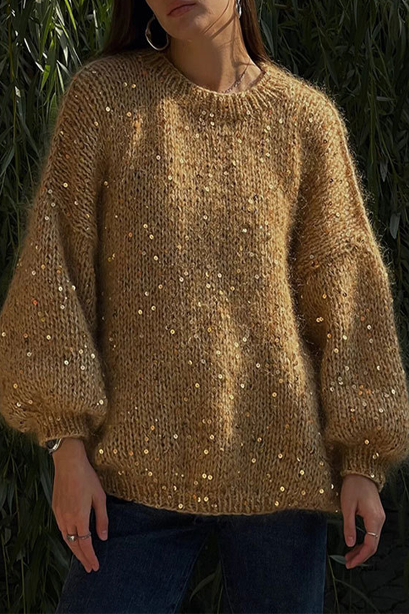 Casual Solid Color Sequins O Neck Sweaters