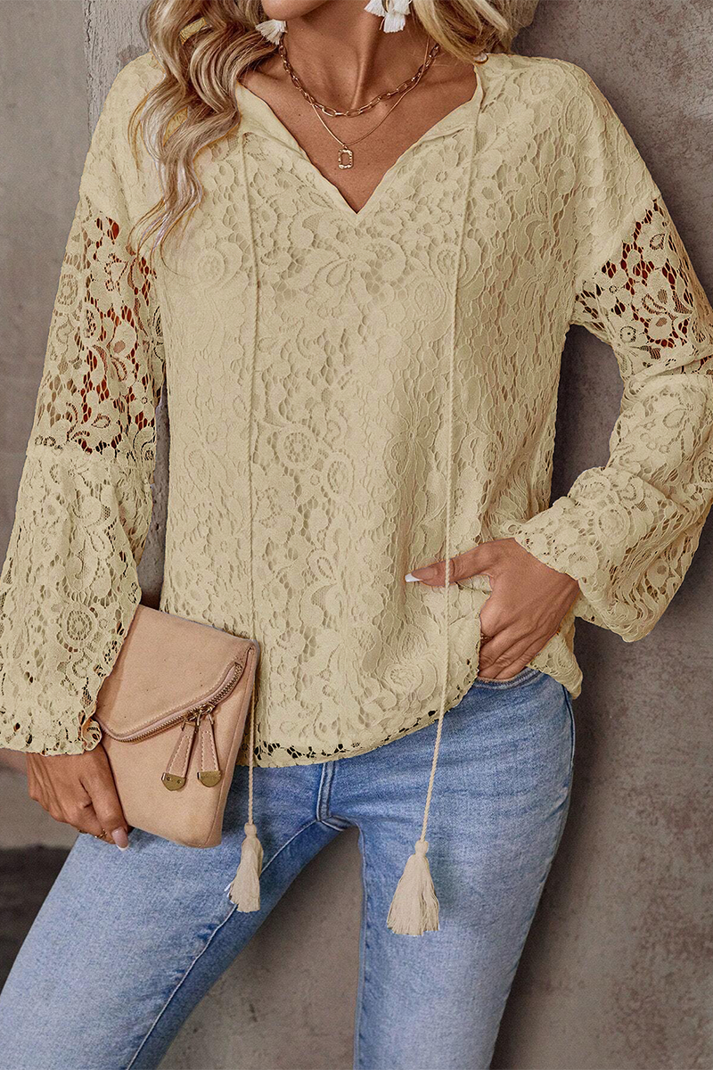 Casual Solid Color Lace Fringed Trim Hollow Out V Neck Tops(4 Colors)