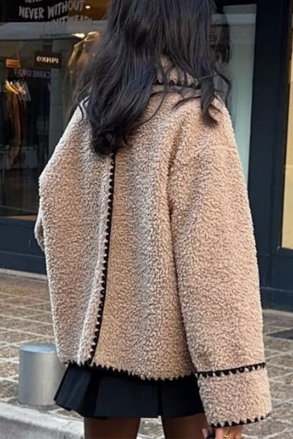 Casual Solid Color Fluffy Contrast Turndown Collar Outerwear