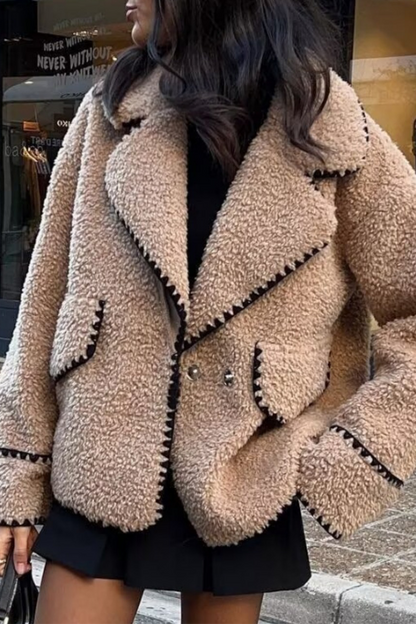 Casual Solid Color Fluffy Contrast Turndown Collar Outerwear