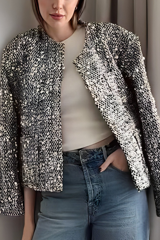 Casual Solid Color Sequins Patchwork O Neck Outerwear