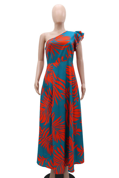 Elegant Print Patchwork Backless High Slit Ruffled Trim Oblique Collar Long Dresses