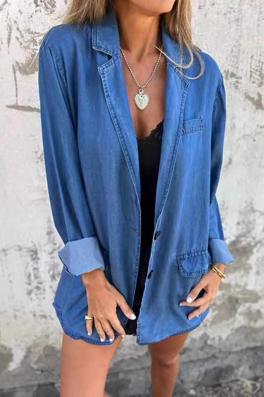 Casual Daily Buttons Patchwork Turn-back Collar Long Sleeve Loose Denim Jacket(4 Colors)