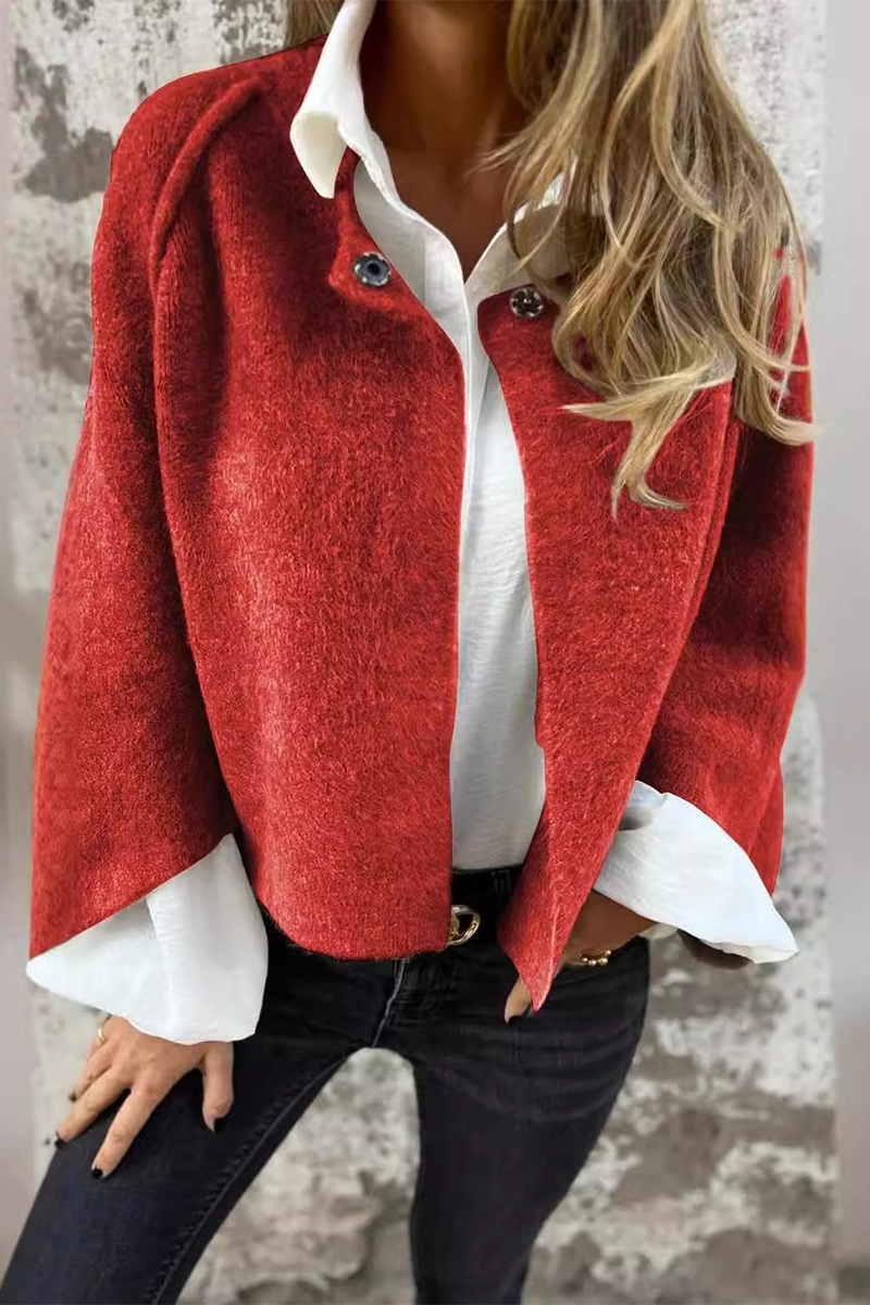 Casual Solid Color Buttons Patchwork Fluffy O Neck Outerwear(8 Colors)