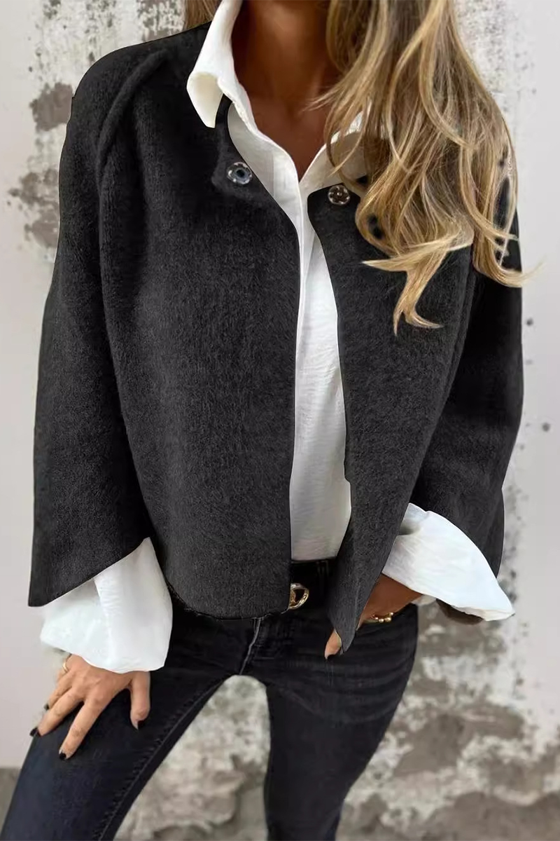 Casual Solid Color Buttons Patchwork Fluffy O Neck Outerwear(8 Colors)