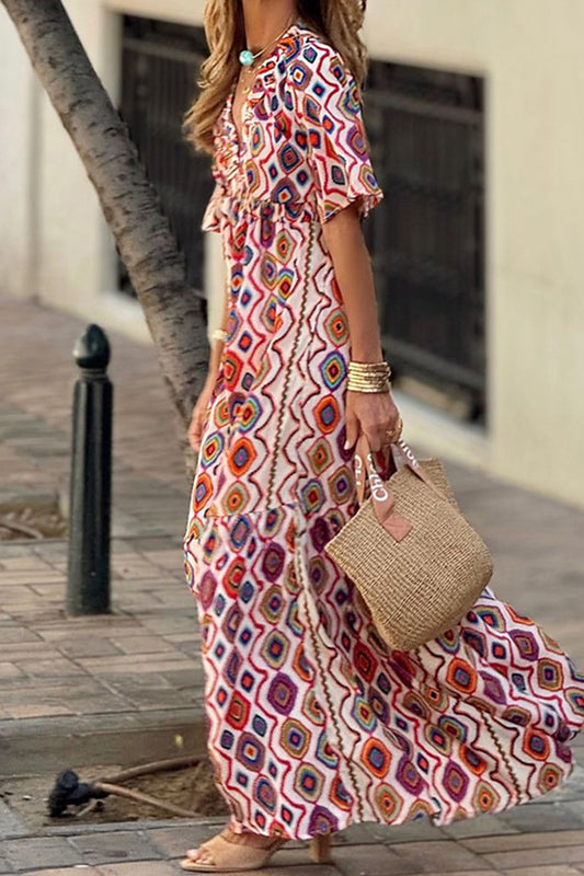 Casual Print Rhombus Backless V Neck A Line Dresses