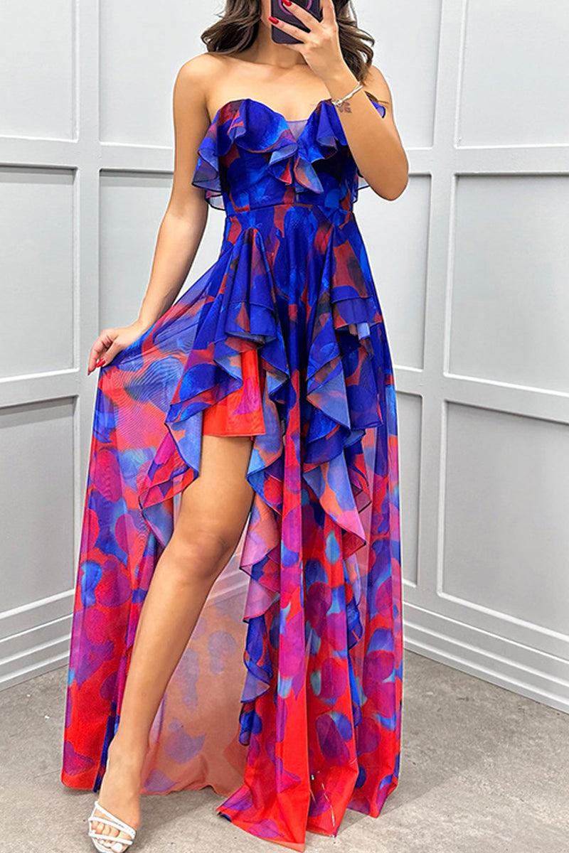 Sexy Gradient Print Ruffle Slit Strapless Irregular Dresses(3 Colors)