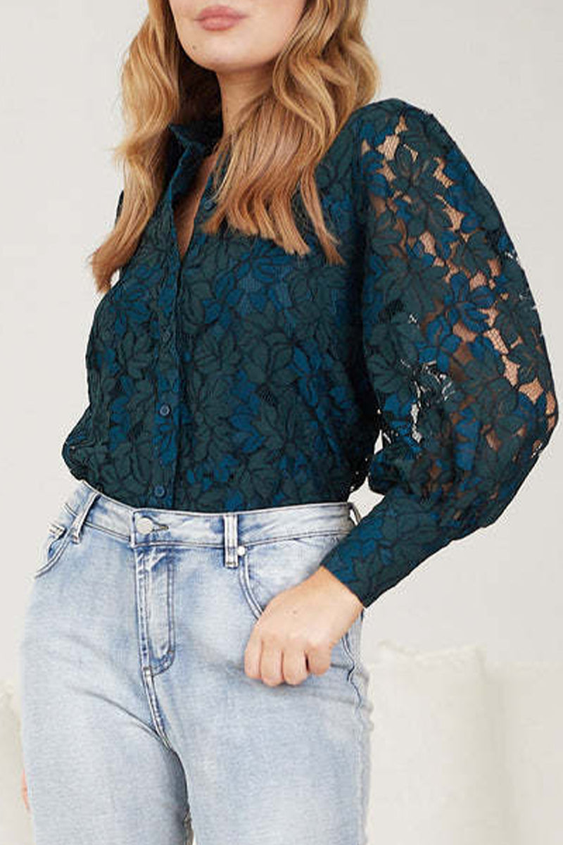 Sexy Solid Color Lace Hollow Out Turndown Collar Blouses