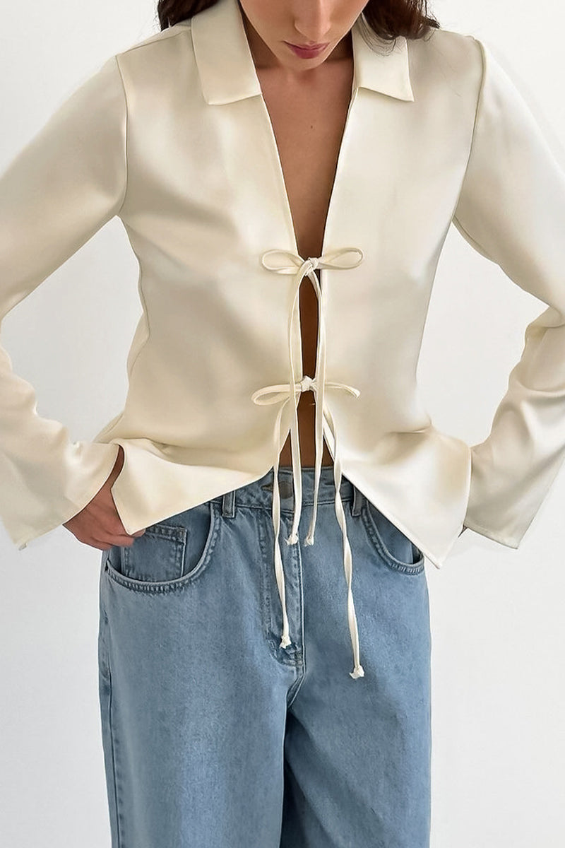 Sexy Solid Color Lace Up Turndown Collar Blouses