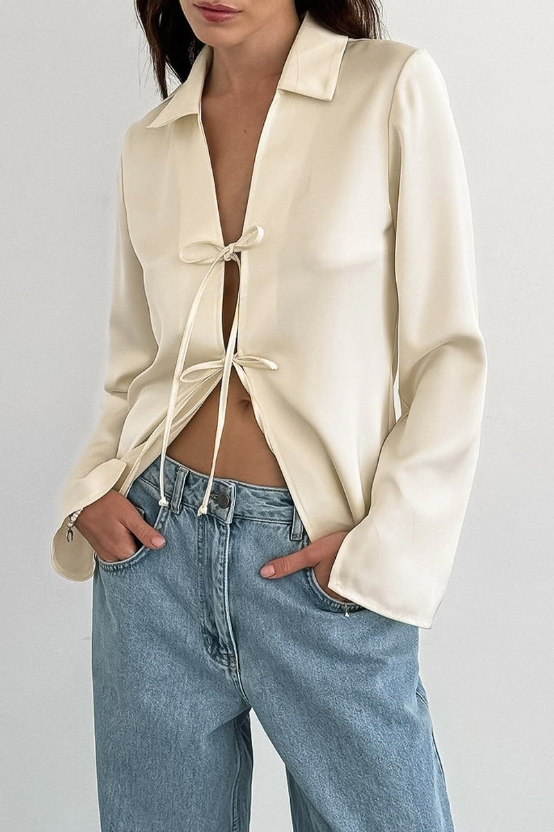 Sexy Solid Color Lace Up Turndown Collar Blouses