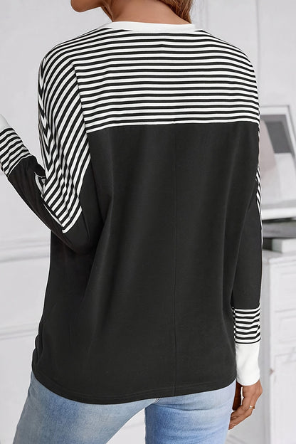 Casual Stripe Patchwork Contrast O Neck Tops