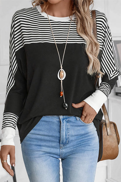 Casual Stripe Patchwork Contrast O Neck Tops