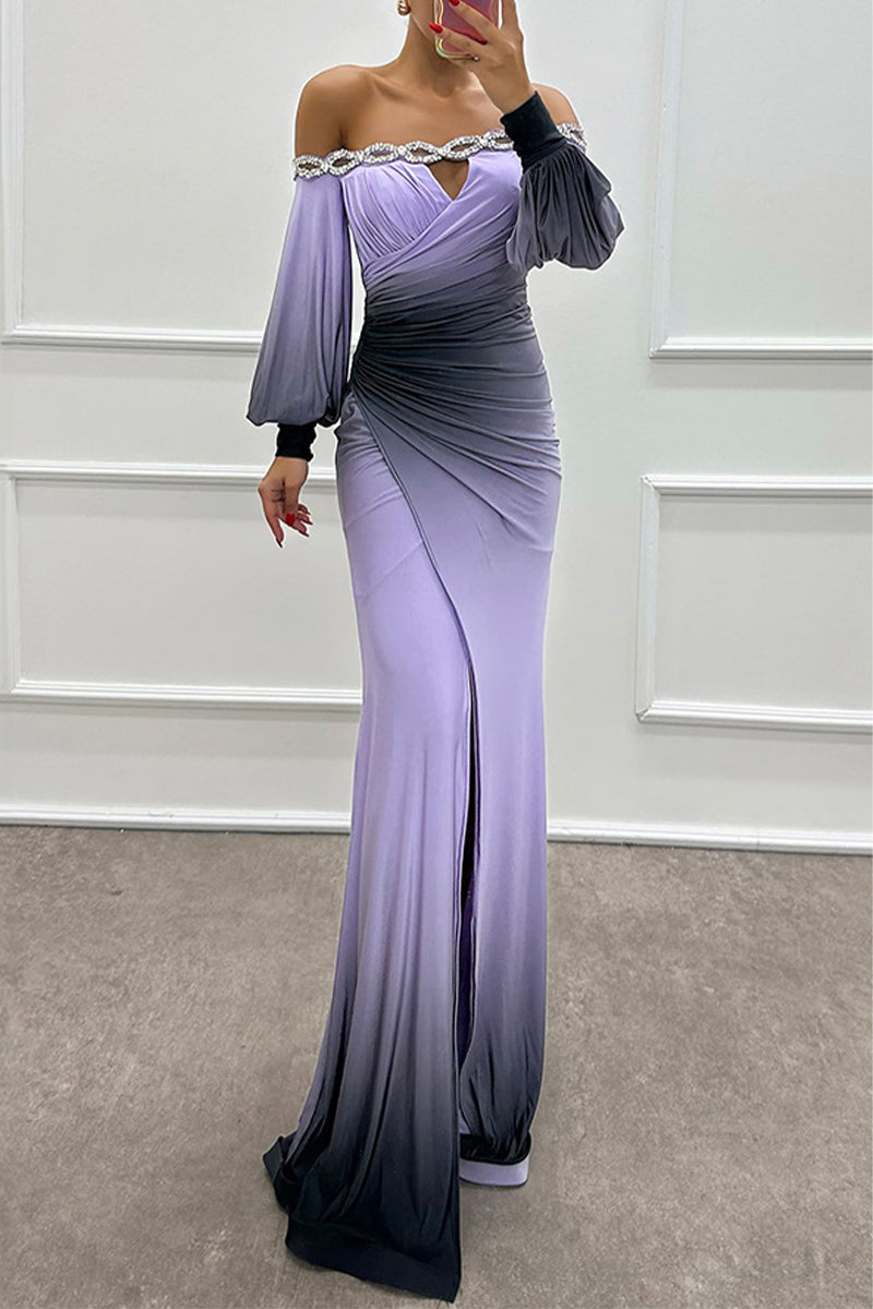 Sexy Prom Gradient Print Slit Ruched Contrast Off Shoulder Long Dresses(7 Colors)