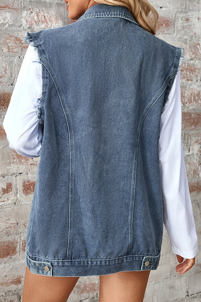 Casual Daily Distressed Buttons Turndown Collar Sleeveless Loose Denim Jacket