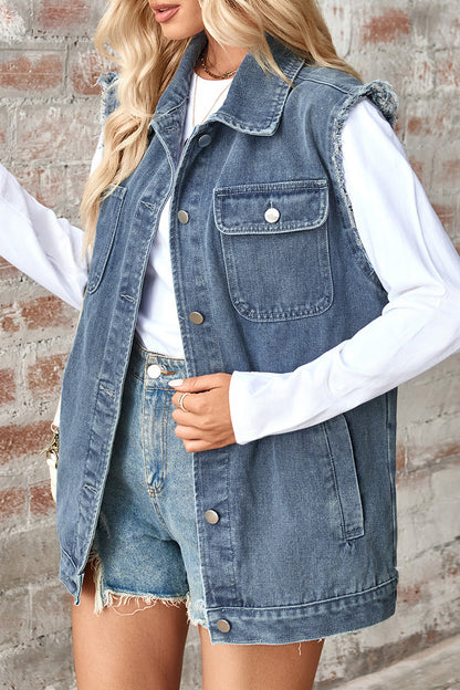 Casual Daily Distressed Buttons Turndown Collar Sleeveless Loose Denim Jacket