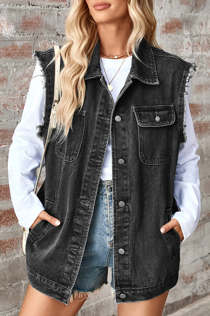 Casual Daily Distressed Buttons Turndown Collar Sleeveless Loose Denim Jacket