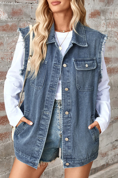 Casual Daily Distressed Buttons Turndown Collar Sleeveless Loose Denim Jacket