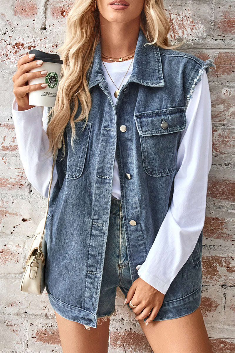 Casual Daily Distressed Buttons Turndown Collar Sleeveless Loose Denim Jacket