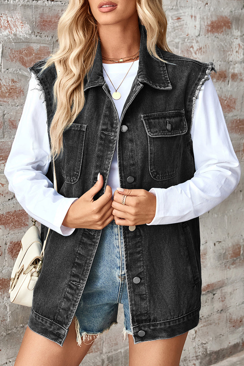 Casual Daily Distressed Buttons Turndown Collar Sleeveless Loose Denim Jacket