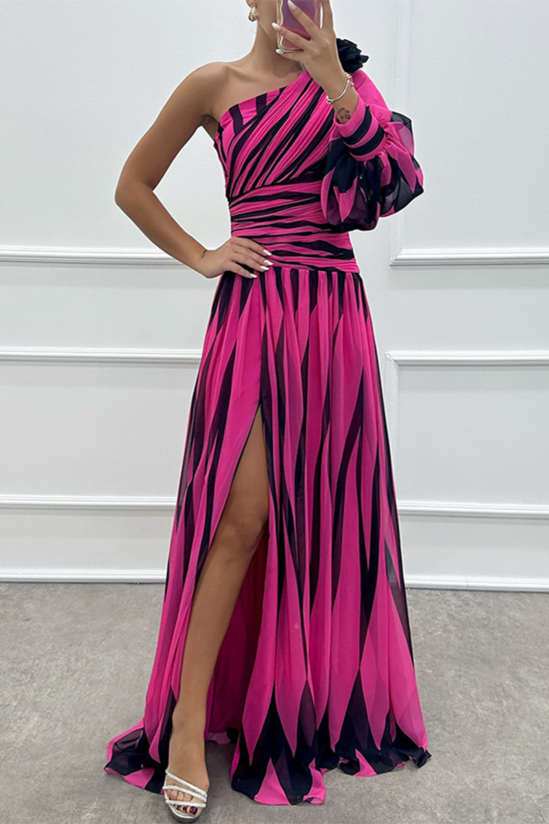 Sexy Prom Striped Print Slit Irregular Sloping Shoulder Evening Dresses(4 Colors)