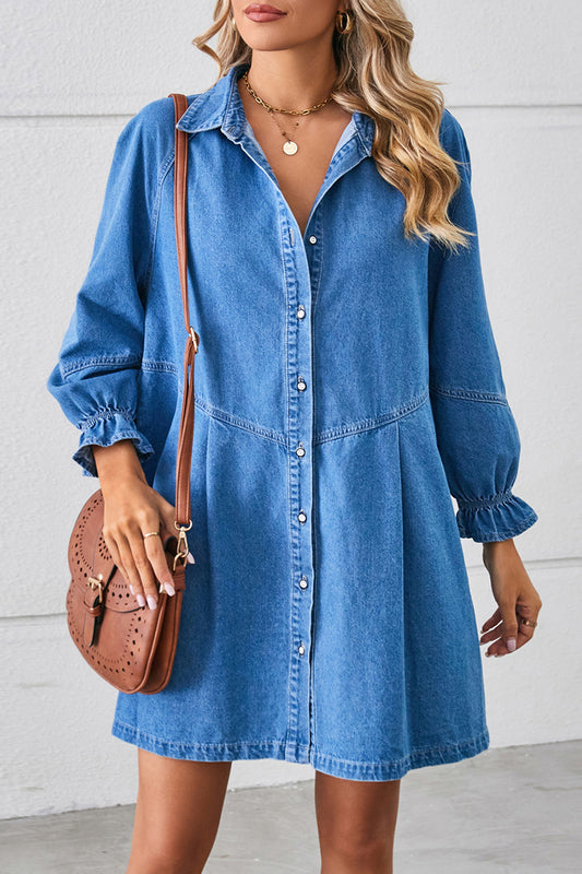 Casual Street Solid Color Distressed Turndown Collar Long Sleeve Loose Denim Dresses