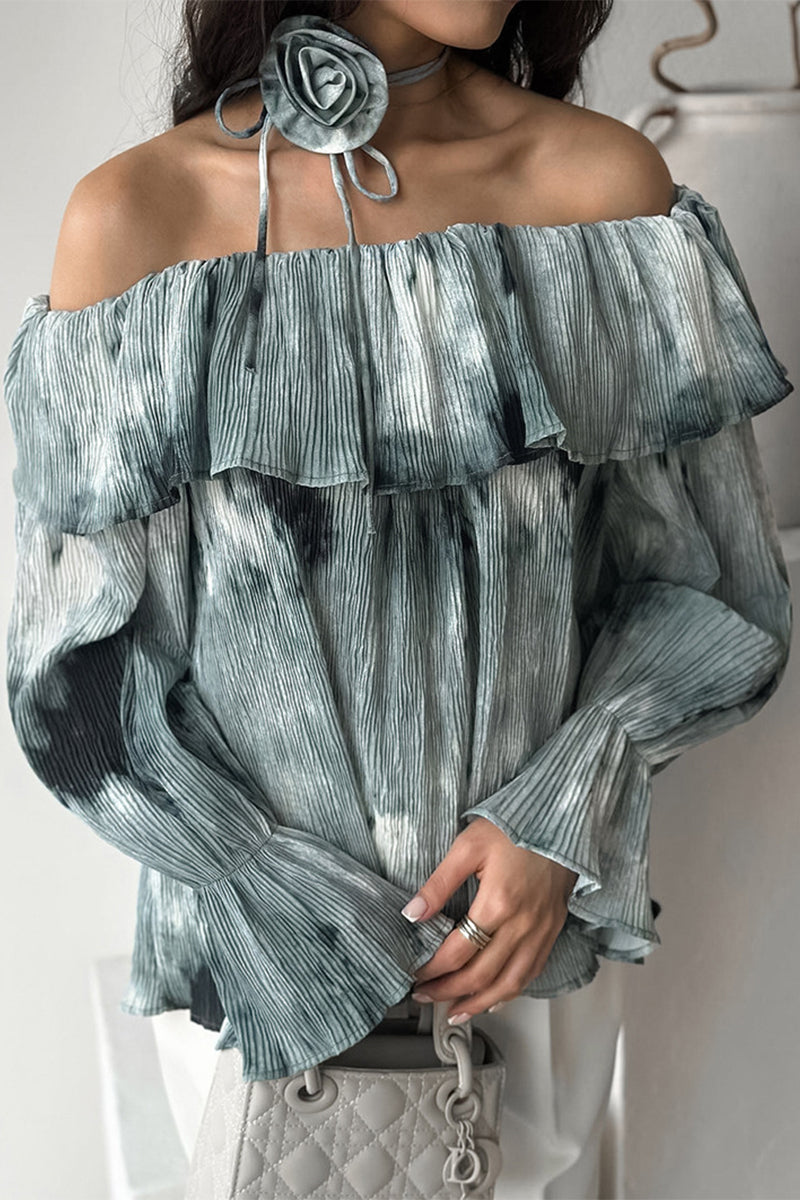 Sexy Tie Dye Ruffle Flowers Contrast Off Shoulder Blouses