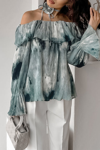 Sexy Tie Dye Ruffle Flowers Contrast Off Shoulder Blouses