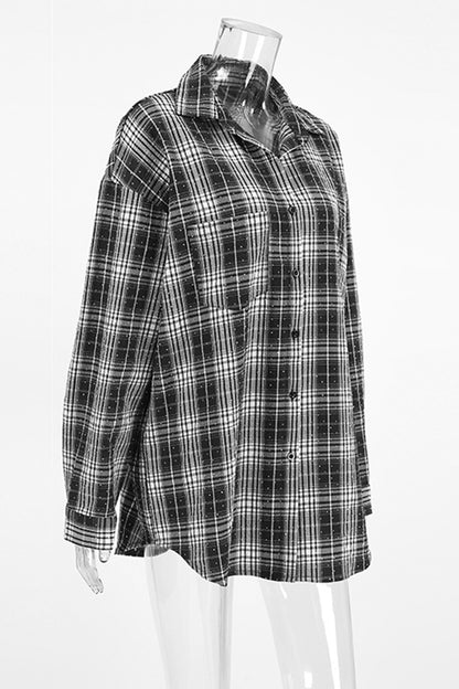 Street Daily Plaid Hot Drill Contrast Turndown Collar Blouses