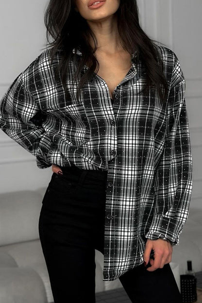 Street Daily Plaid Hot Drill Contrast Turndown Collar Blouses