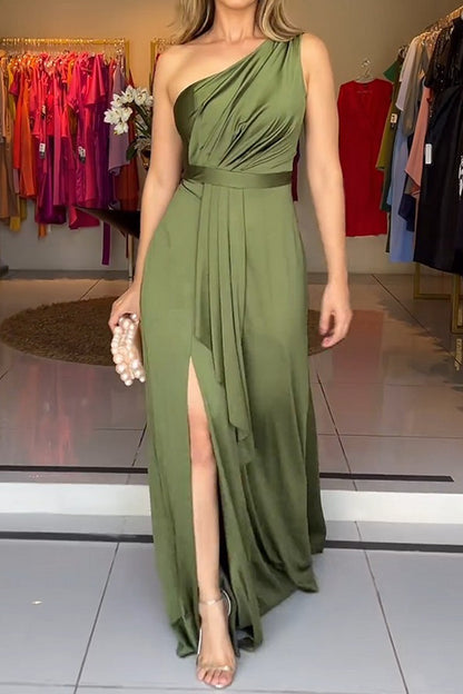 Sexy Slit Ruched Sloping Shoulder Evening Dresses