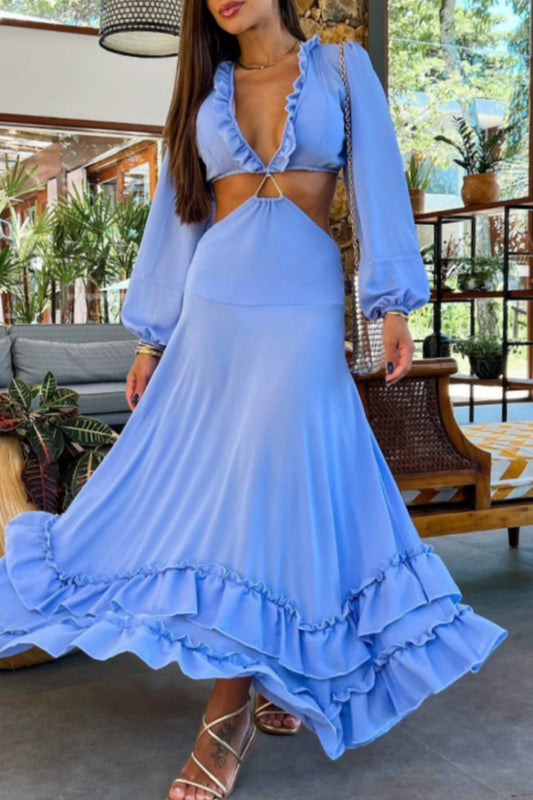 Sexy Vacation Hollow Out Deep V Neck Long Dresses