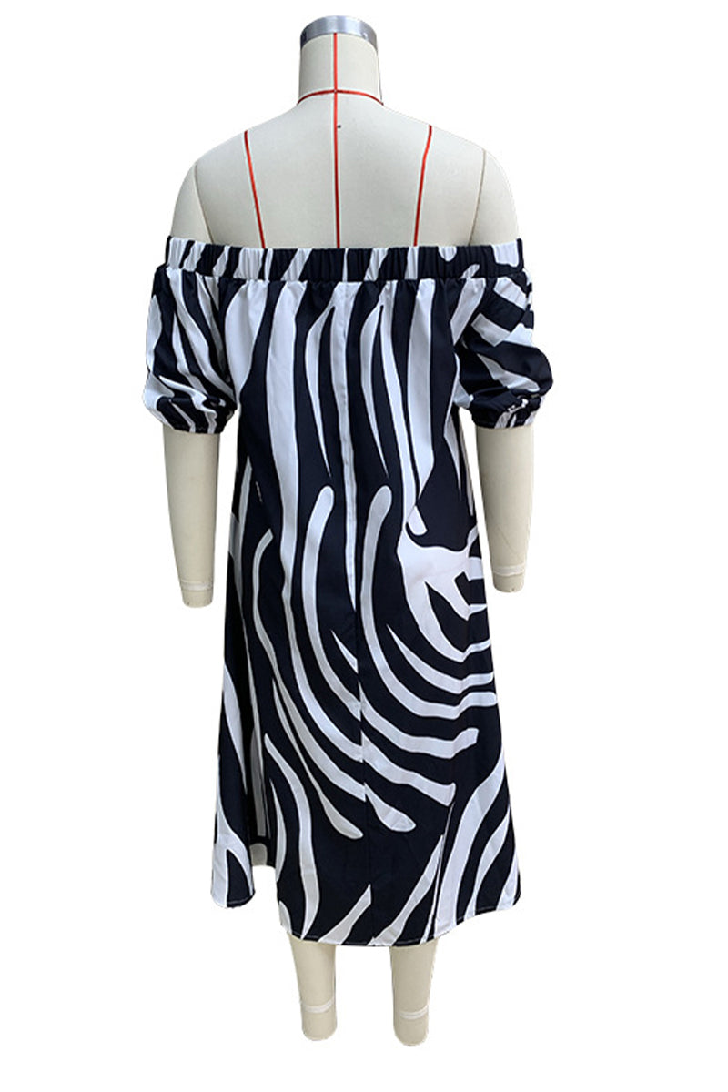 Sexy Street Striped Print Without Belt Contrast Off Shoulder A Line Dresses(No Belt)