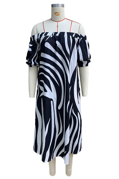 Sexy Street Striped Print Without Belt Contrast Off Shoulder A Line Dresses(No Belt)