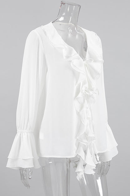 Elegant Solid Color Ruffle V Neck Blouses