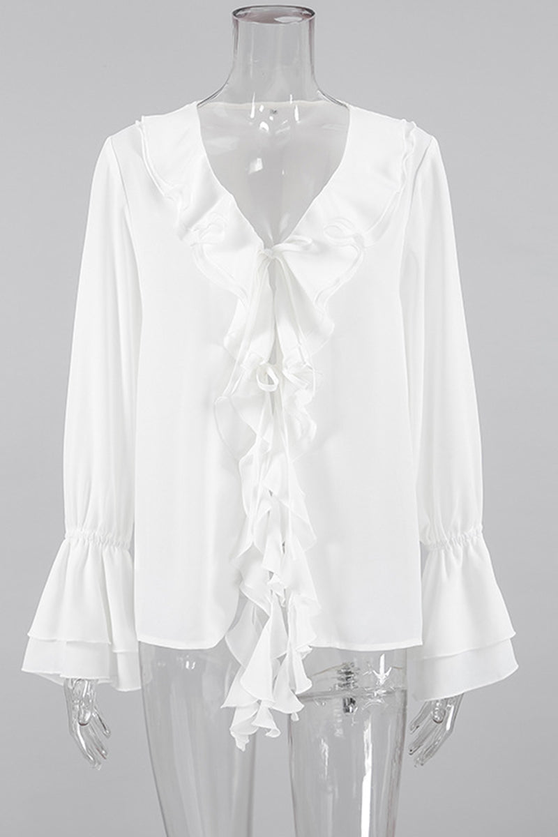 Elegant Solid Color Ruffle V Neck Blouses