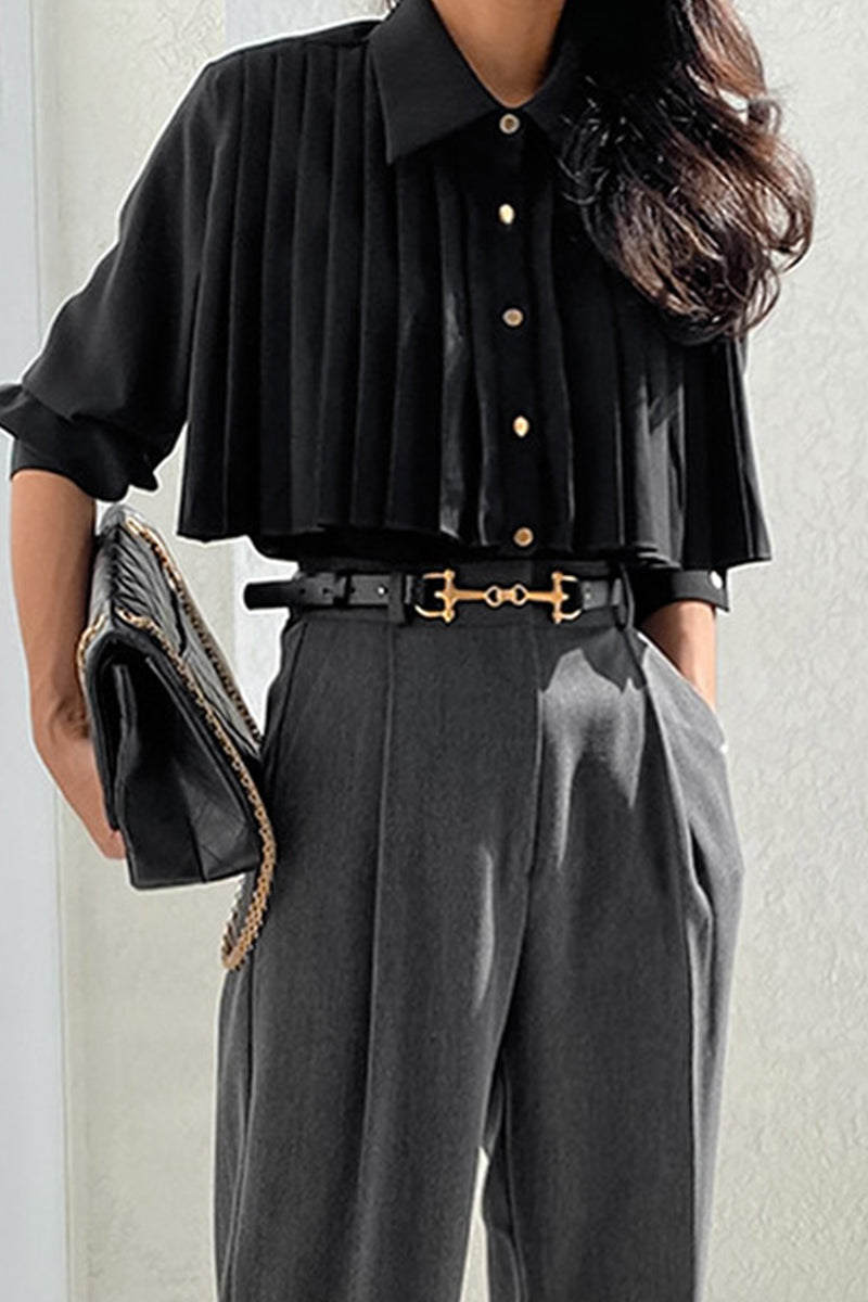 Elegant Buttons Pleated Turndown Collar Blouses