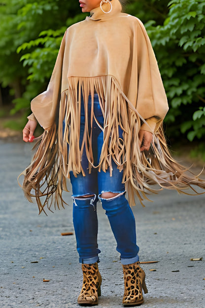 Casual Fringed Trim Turtleneck Tops