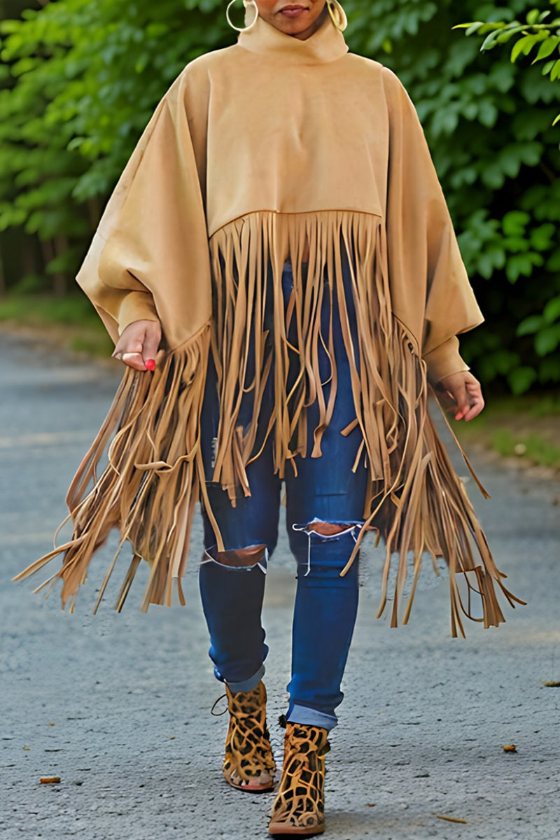 Casual Fringed Trim Turtleneck Tops