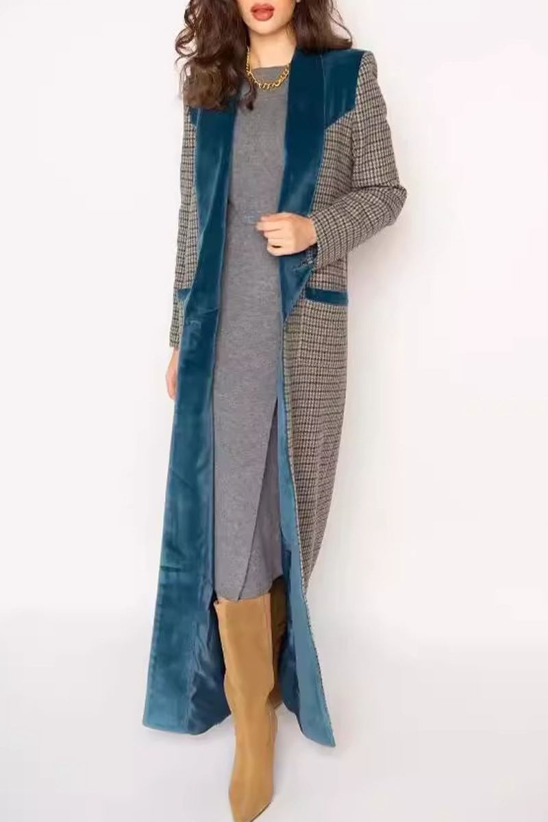 Casual Street Plaid Patchwork Contrast Turndown Collar Outerwear