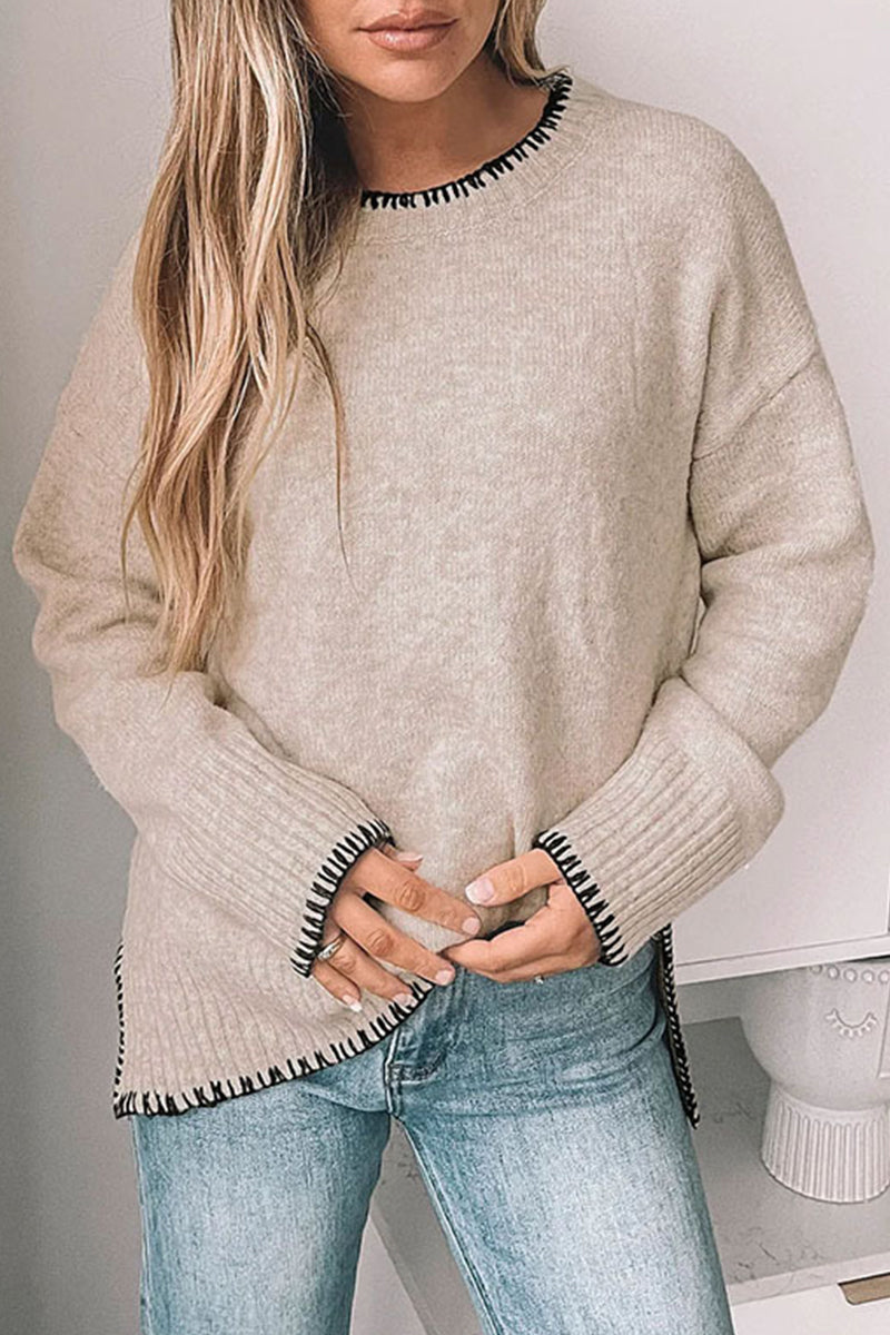 Casual Daily Patchwork Contrast O Neck Sweaters(3 Colors)