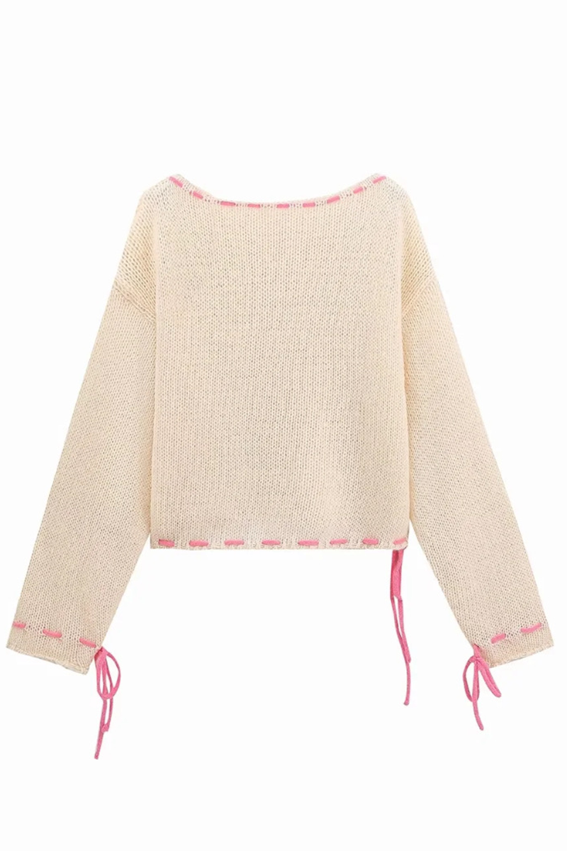 Casual Draw String Weave O Neck Sweaters