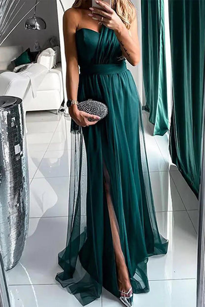 Sexy Prom Slit Mesh Sloping Shoulder Evening Dresses