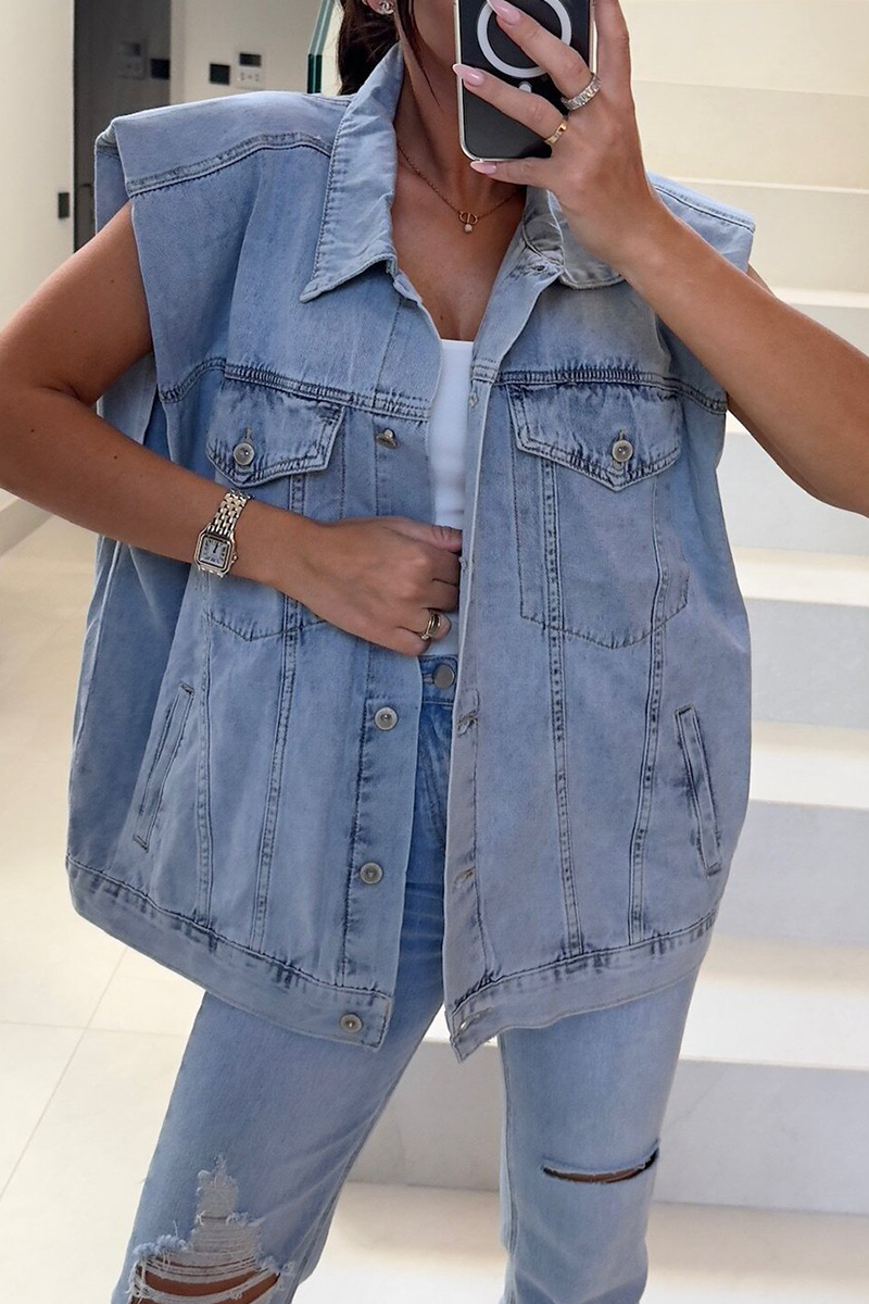 Casual Distressed Buttons Turndown Collar Sleeveless Loose Denim Jacket