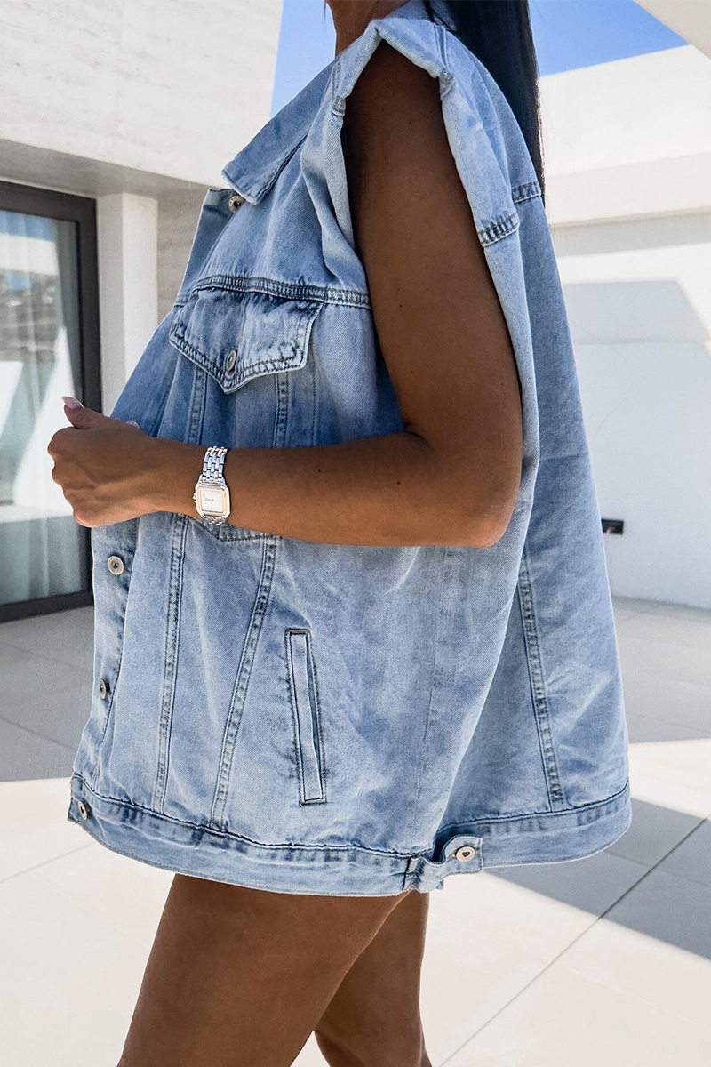 Casual Distressed Buttons Turndown Collar Sleeveless Loose Denim Jacket