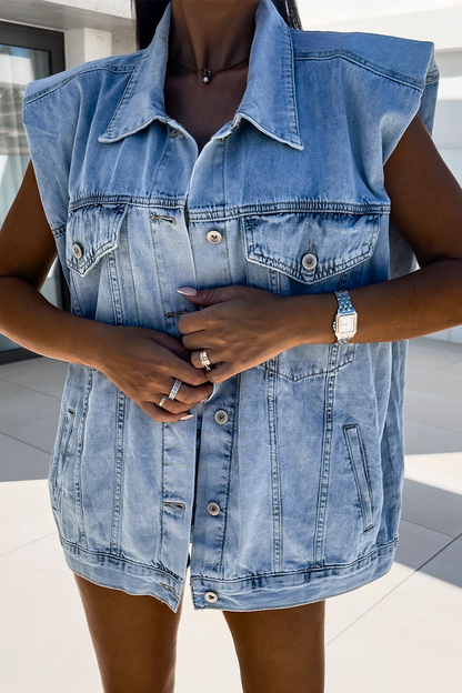 Casual Distressed Buttons Turndown Collar Sleeveless Loose Denim Jacket