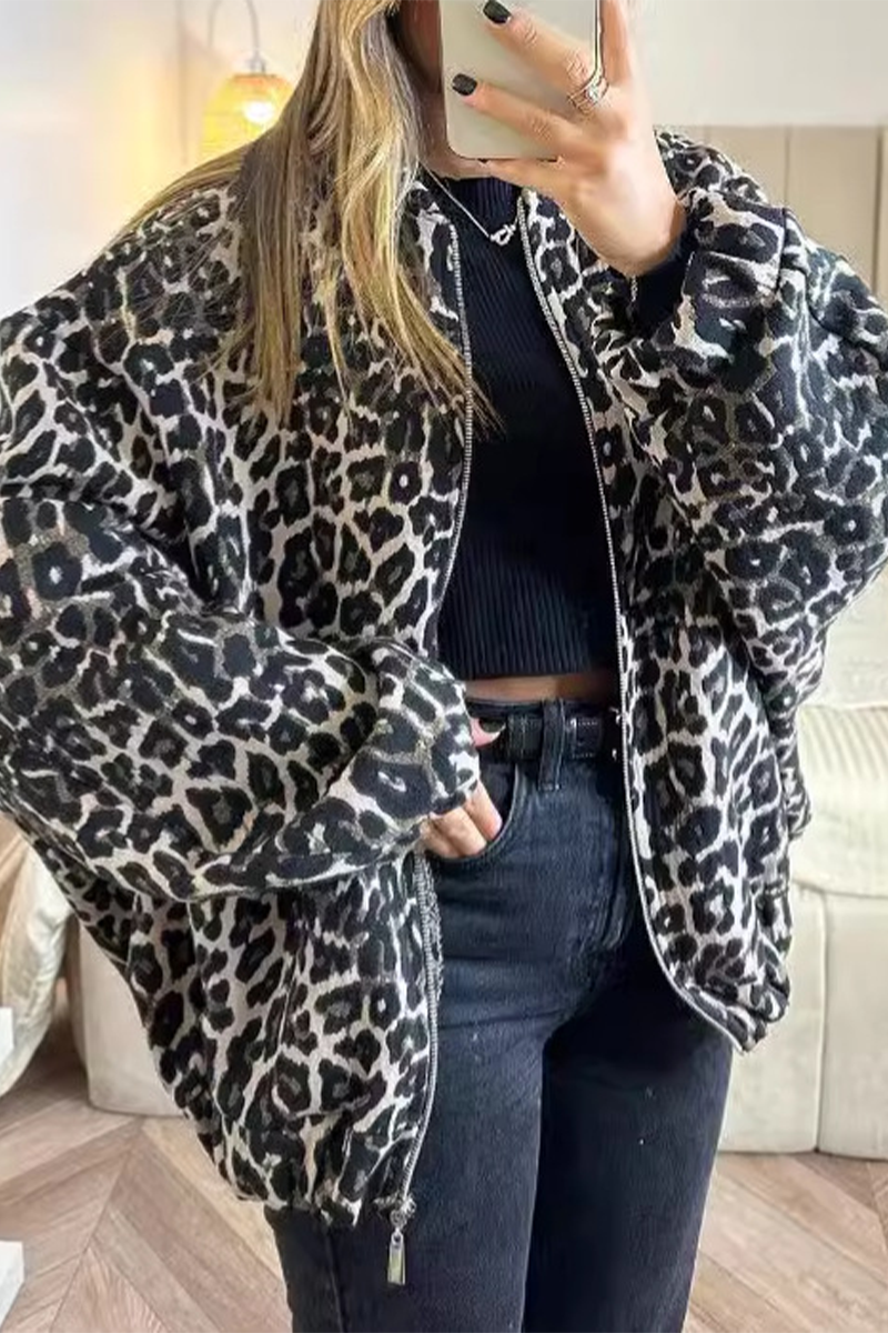 Casual Street Leopard Patchwork Zipper Mandarin Collar Outerwear