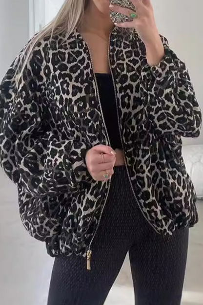 Casual Street Leopard Patchwork Zipper Mandarin Collar Outerwear