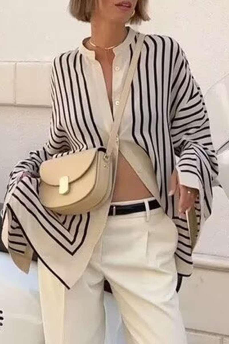 Casual Stripe Buttons Slit Contrast O Neck Blouses