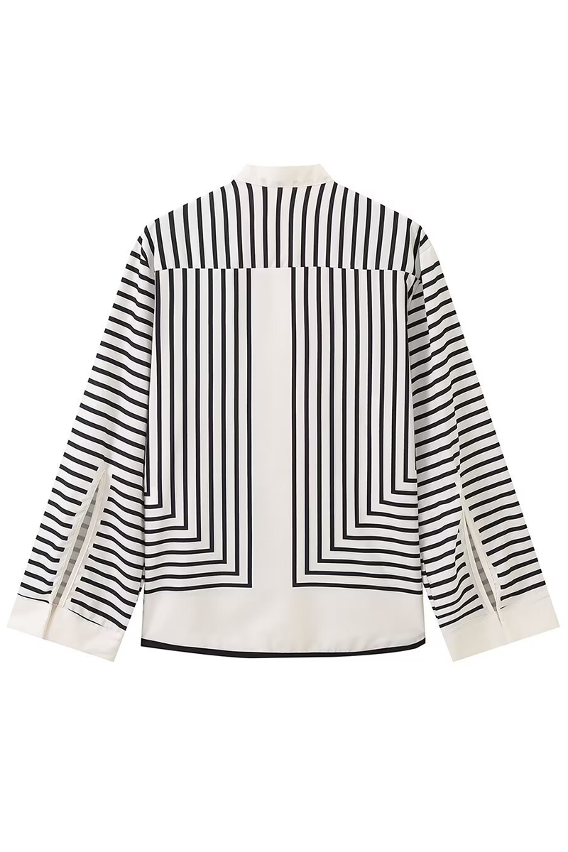 Casual Stripe Buttons Slit Contrast O Neck Blouses